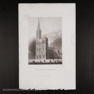 1852 - The CATHEDRAL at STRASBURGH, FRANCE - Black and white steel engraving from “Meyer&#39;s Universum”  / buy 2, get 1 free!