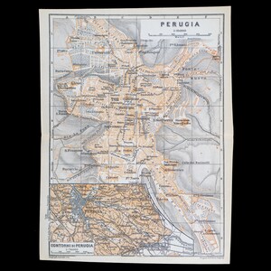 1893 Karte von PERUGIA, Stadt in der Region UMBRIEN, ITALIEN - Echte Lithographie-Karte, Leipzig für ""Italie, Manuel du Voyageur"" von Karl Baedeker."