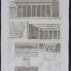 Könnte beinhalten: Eine Schwarzweiß-Architekturzeichnung des Forum Triangulare in Pompeji, Italien. Die Zeichnung zeigt die Vorderfassade des Gebäudes sowie Details der Säulen, des Daches und anderer architektonischer Elemente. Der Text "FORUM TRIANGULAIRE A POMPEI" ist unter der Zeichnung gedruckt.