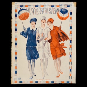 1926 Drei Flapper mit dreifarbigen Laternen – Titelbild von Georges Léonnec – Originaldruck für La Vie Parisienne