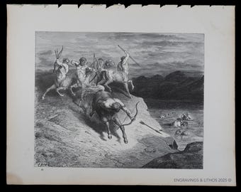 1880 CENTAURES de l'ENFER - Impression originale de « La vision de l'enfer » de Dante Alighieri