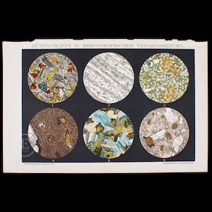 May include: A vintage educational chart titled "Dünnschliffe in mikroskopischer Vergrösserung" showing six magnified images of thin slices of rock under a microscope. Each image is labeled with a number from 1 to 6.