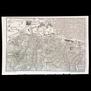 1893  Map of Part of Outskirts of BOLOGNA City, ITALY - Authentic Lithograph Map, Leipzig for &quot;Italie, Manuel du Voyageur&quot; by Karl Baedeker
