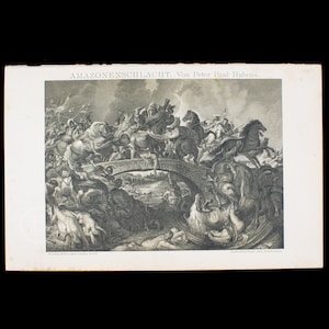 May include: A monochrome print titled "AMAZONENSCHLACHT. Von Peter Paul Rubens." The image shows a dynamic battle scene with many figures, horses, and a bridge. The artwork is detailed and dramatic, with a focus on movement and conflict.