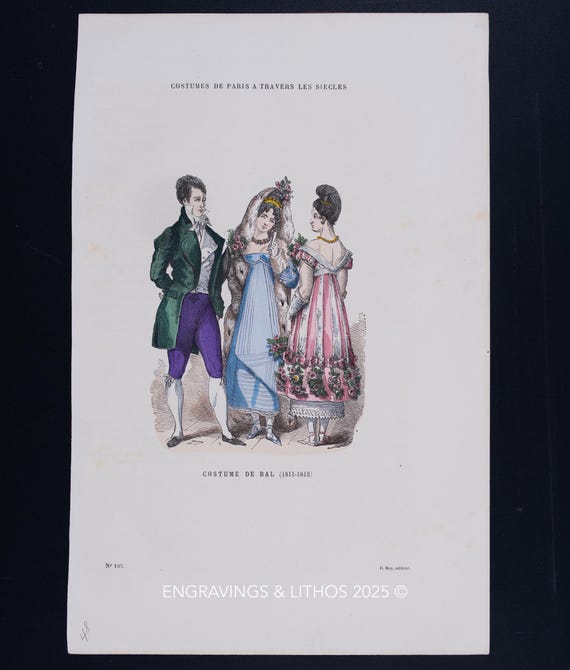 アンティーク版画19世紀 フランス ファッションプレート 額装 手彩色リトグラフ アンティーク版画 19世紀 フランス ファッションプレート 額装手