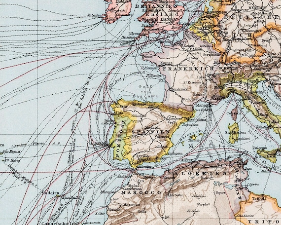 大西洋地図、1896年ドイツ地図帳、交通路（22.5 x 17.5インチ） - Etsy
