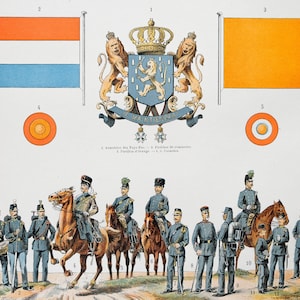 Exército Holandês, Bandeira e Mapa de "Le Noveau Larousse Illustré Edition" - PLACA LATERAL DUPLA
