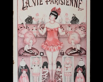1924 Elegante mujer flapper con vestido rosa rodeada de muñecas y juguetes antiguos, por Armand Vallée. Portada – Impresión original de La Vie Parisienne.