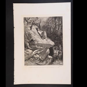 May include: A monochrome illustration showing a forest scene with figures. One person rests on a rock, with others seated below. The artwork uses detailed shading and creates depth, with trees and foliage in the background. The style is reminiscent of a woodcut.