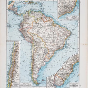 Mapa de Sudamérica / Mapa a color / Original / Atlas Mundial Alemán 1896 / Grande / 57 x 44 cm