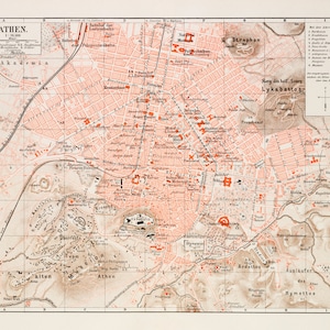 Landkarte von Athen, Griechenland - Original Lithographie in Farbe von Meyers Lexikon 1897