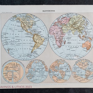 Weltkarten: Apocalypse, Martin Behaim, Dore, Mercator von "Le Noveau Larousse Illustré Edition" - Originalseite.