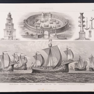 May include: A black and white engraving depicting a lighthouse, a circular structure with an archway, a column with a hook, and a fleet of ships sailing on the sea. The engraving is titled "Hieronymus."