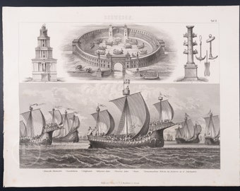 ROMAN NAVAL ENGINEERING. Norman Fleet of William the Conqueror  - Exquisite Cooper engraving print from 1870 -  13.75 x 10.5 in, Very rare!