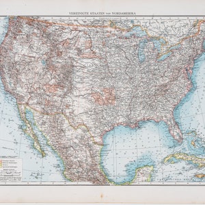 Map of USA - North America / Color map / Original / German World Atlas 1896 / Big / 22.5 x17.5 in