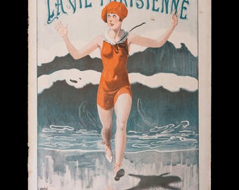 1926 Mujer asustada en traje de baño naranja escapando de un tiburón en la playa por G. Léonnec Portada – Impresión original de La Vie Parisienne