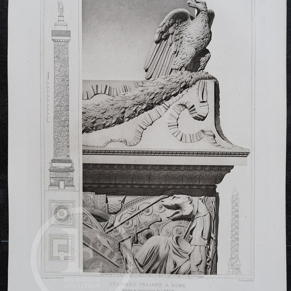 Trajan's Column in Trajan's Forum, Rome, Italy  - EXQUISITE Heliogravure . ca1900 .  17.75 in x 12.5 in (Crown Folio)