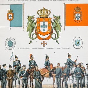 Armée, drapeau et carte du Portugal de « Le Noveau Larousse Illustré Edition » - PLAQUE DOUBLE CTÉ