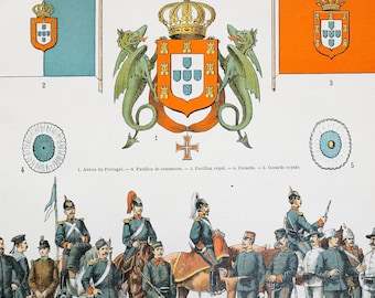 Ejército de Portugal, bandera y mapa de "Le Noveau Larousse Illustré Edition" - PLACA DOBLE CARA