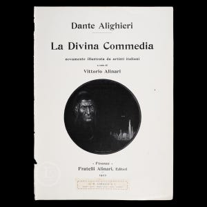 May include: A black and white illustration of Dante Alighieri, the author of "The Divine Comedy", on the cover of a book titled "La Divina Commedia" by Vittorio Alinari, published in 1902.