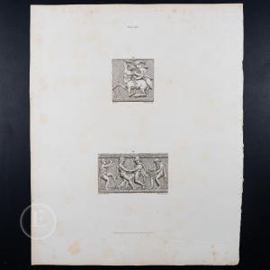 May include: A vintage print featuring two detailed, monochrome engravings. The top engraving depicts figures on horseback, while the bottom one shows a frieze of figures in a classical style. The paper has a cream color.