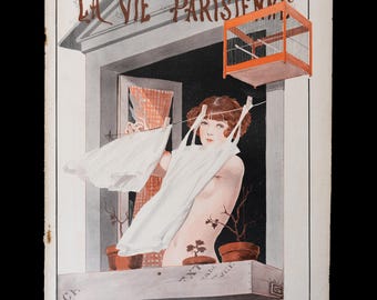 1924 Piękna kobieta wieszająca białą bieliznę za oknem w klatce dla ptaków, autorstwa G. Léonneca, okładka – Oryginalna reprodukcja La Vie Parisienne