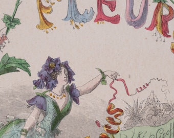 Girl flower title page / Stunning Hand-colored plate from "Les Fleurs Animees by J.J.Grandville 1867