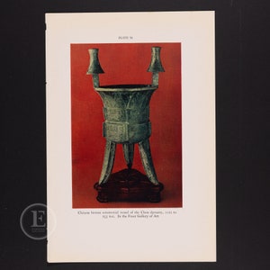 Chinese bronze ceremonial vessel of the Chou dynasty, 1122 to 255 c - Original Color print, circa 1935.