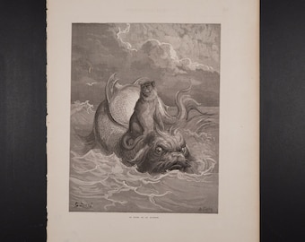 1868 Der Affe und der Delfin - Originalstich aus "Fables de La Fontaine" - Kaufen Sie 2, erhalten Sie 1 gratis aus diesem Buch!