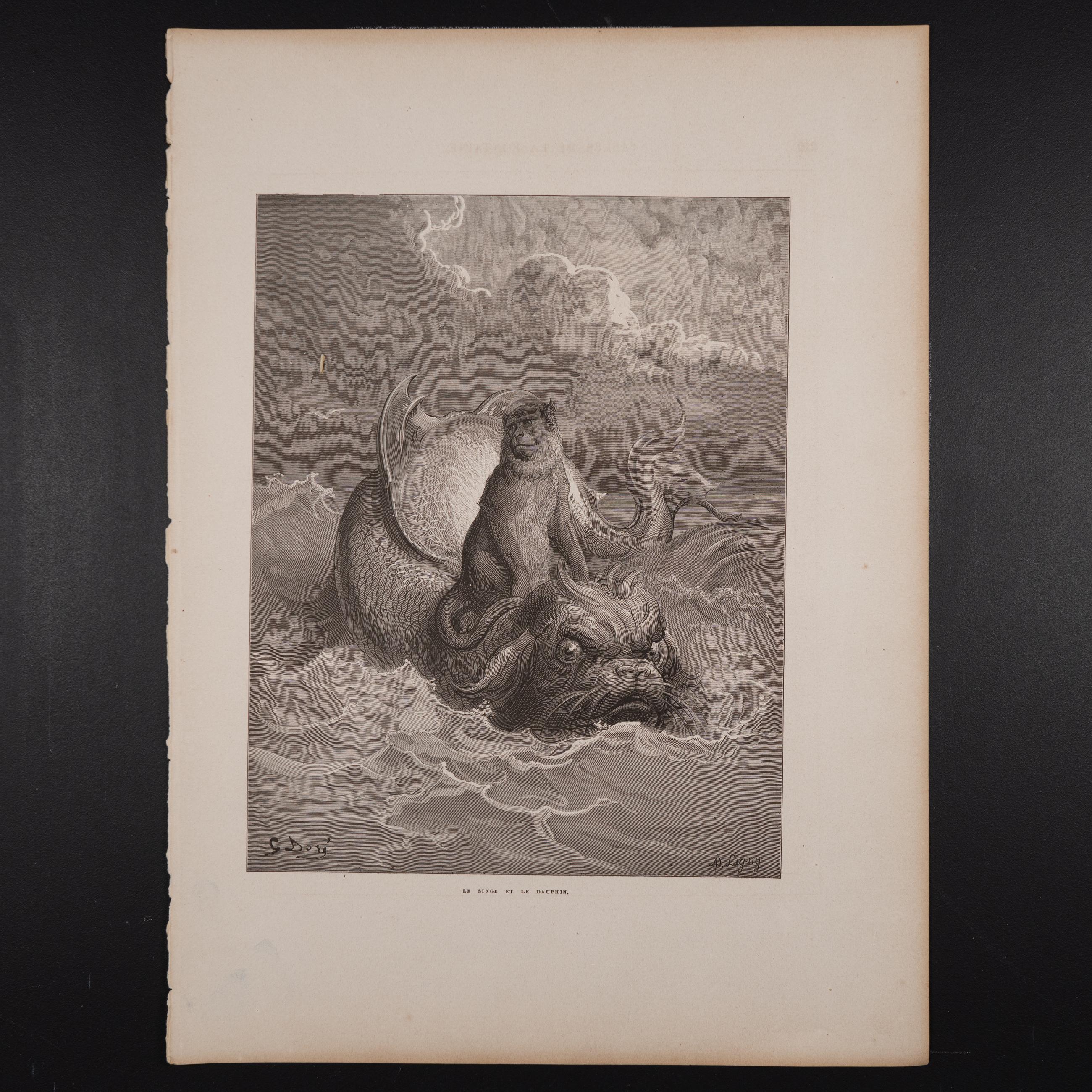 1868 The Monkey and the Dolphin - Original engraving from "Fables de La Fontaine"  - Buy 2 get 1 free from this book!