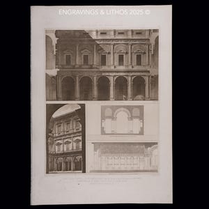 Puede incluir: Una impresión arquitectónica en tonos sepia que presenta representaciones detalladas de una fachada de edificio con aberturas arqueadas y múltiples niveles. La impresión incluye el texto "ENGRAVINGS & LITHOS 2025 ©".