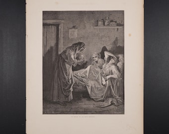 1868 The Old Woman and her Two Servants - Original woodcut from Fables de La Fontaine
