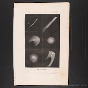 Könnte beinhalten: Vintage Druck mit sechs Schwarz-Weiß-Illustrationen des Halleyschen Kometen. Die Bilder zeigen den Kometen in verschiedenen Stadien, mit einem hellen, leuchtenden Aussehen vor dunklem Hintergrund. Der Text "COMETE DE HALLEY" ist sichtbar.