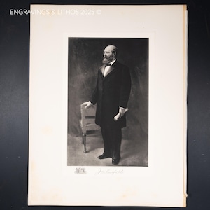 1901 James A. Garfield Antique Portrait – 20th U.S. President – Engraving from White House Gallery Original Print (16 x20 in) crown folio!