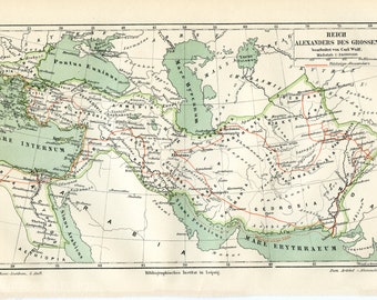 Antique Map Of Alexander The Great's Empire | Meyers Lexikon 1897 Color Lithograph, 9.5 X 6 Inches - Original
