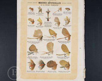 1896   Artificial Flies of FRENCH FISHING   - Print from "Les chiens de chasse et la théorie de la chasse"  P. Mahler - fly tying print