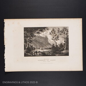 May include: A black and white engraving of a landscape with a castle in the distance. The engraving is titled "The Castle Rudelsdorf and Saladin" and is dated 1830.