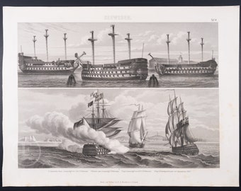 LINE SHIPS from the 18th and 19th CENTURIES  - Exquisite Cooper engraving print from 1870 -  13.75 x 10.5 in, Very rare!