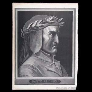 1880 Dante's Portrait by Gustave Doré – Original wood engraving print from "The Vision of Hell" by Dante Alighieri