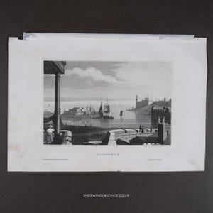 May include: A black and white engraving titled HAVANNAH depicting a coastal harbor scene with sailing ships, stone fortifications, and figures. The print features a columned foreground structure, a calm bay, and a distant fortress under a cloudy sky.