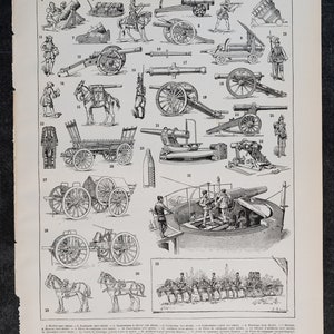 Artyleria 1897: moździerz, armata, bateria, strzelec, środkowy lotniskowiec z „Le Noveau Larousse Illustré Edition” – strona oryginalna.