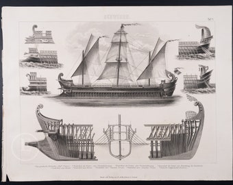Warships of the Greeks and Romans - EXQUISITE Cooper engraving print from 1870 -  13.75 x 10.5 in, Very rare!