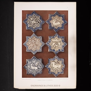 May include: A print showcasing six star-shaped tiles with detailed patterns. Each tile has a dark blue border and a brown centre, featuring illustrations of birds and animals. The print is set against a white background.