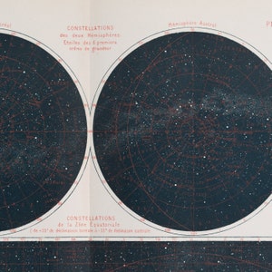 Constellations of the Two Hemisferes - Exquisite Plate - RARE ORIGINAL PRINT from a french astronomy book 1877
