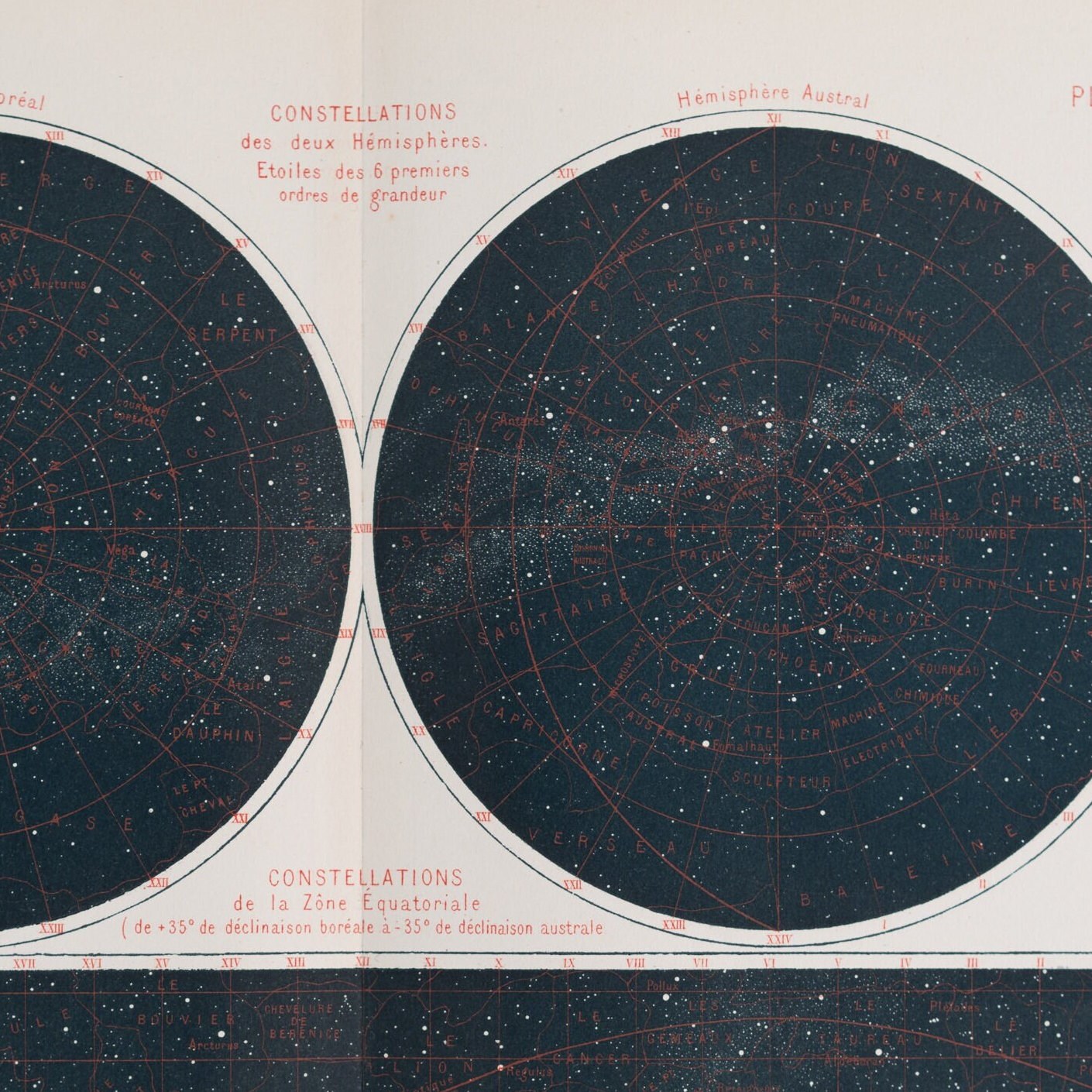 Constellations of the Two Hemisferes - Exquisite Plate - RARE ORIGINAL PRINT from a french astronomy book 1877