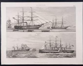STEAMSHIPS:  Screw frigate and corvette, Transatlantic steamer  - Exquisite Cooper engraving print from 1870 - 13.75 x 10.5 in. Very rare!