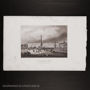 May include: A black and white engraving of a city scene, featuring a tall obelisk and ornate buildings. People and horse-drawn carriages are visible in the foreground. The text "THE OBELISK OF LUXOR" is printed below the image. The bottom of the image reads "ENGRAVINGS & LITHOS 2025 ©".