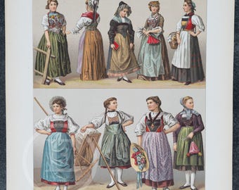 Trajes tradicionales de mujeres suizas de 1888, litografía de A. Racinet (impresión original)