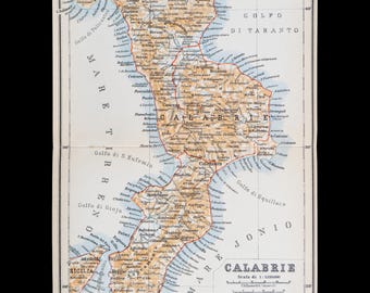 1893  Map of the Region of CALABRIA in Southern ITALY - Authentic Lithograph Map, Leipzig for "Italie, Manuel du Voyageur" by Karl Baedeker