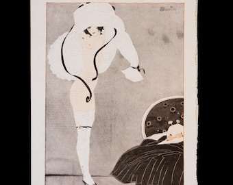 1917 Parisian Woman Undressing in White Lingerie Beside Her Bed by C. Martin Interior ONE PAGE – Original La Vie Parisienne Print